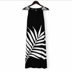 Signature London Black & White Leaf Print Beaded Shoulder Halter Dress Sz Lg